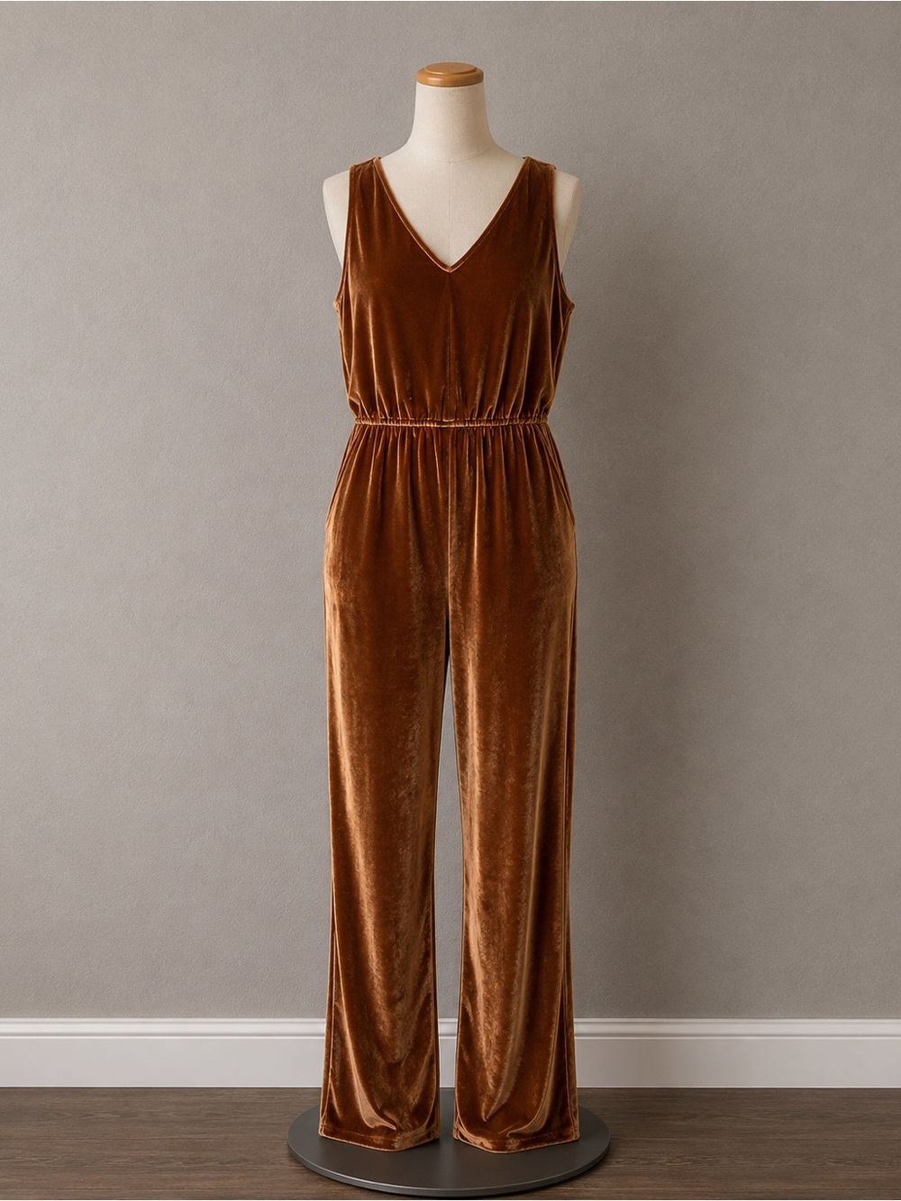 Ava & Viv Womens Sleeveless V-Neck Velour Jumpsuit  Brown 2X Elastic Boho Chic